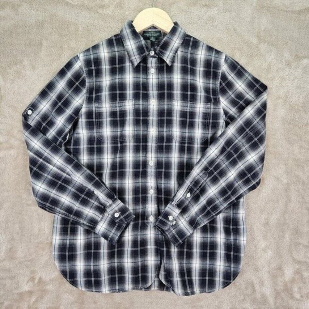 LRL Lauren Jeans Co. Ralph Lauren Shadow Plaid Shirt Button Down Womens Top Sz M